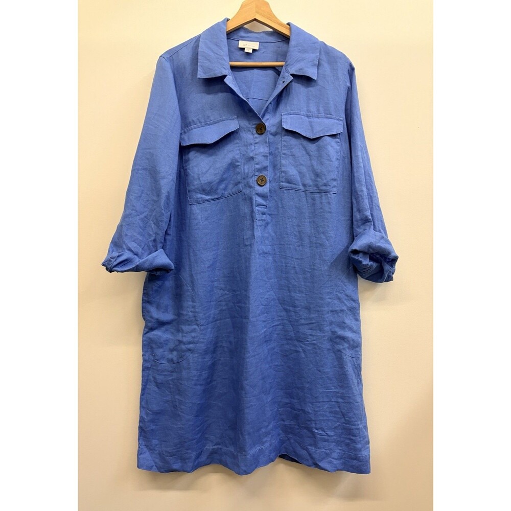 J. Jill Love linen blue shirt dress size Medium Adjustable Sleeves Lagenlook